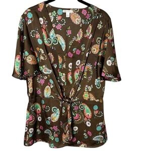 Cato Paisley Print Tie Front Top Blouse Brown Multicolor Size L